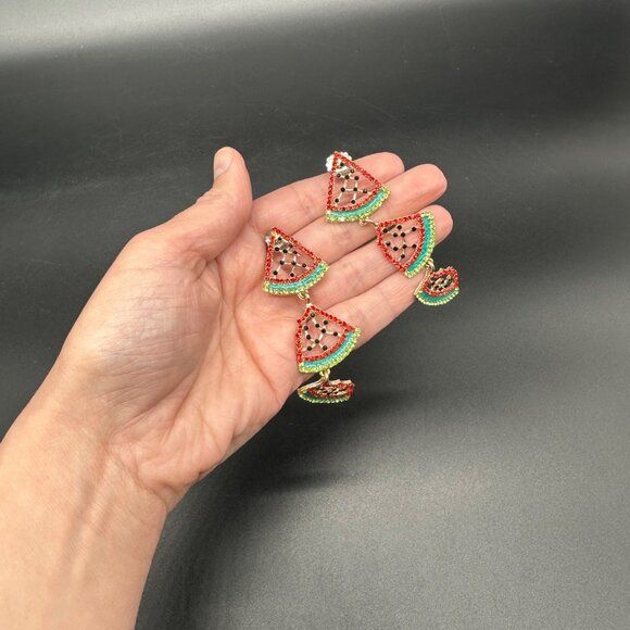 Watermelon Slice Dangly Earrings Summer Fruit Jewelry Red Green Rhinestones - Picture 4 of 6